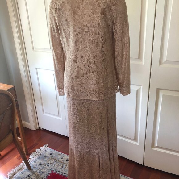 DAMIANOU 3 PIECE LACE SHIMMERY LONG DRESS WORN ONCE MOTHER OF BRIDE CHAMPAGNE - Picture 7 of 16